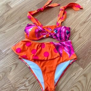 Ruffled Orange and Pink High-waist swimsuit 2021